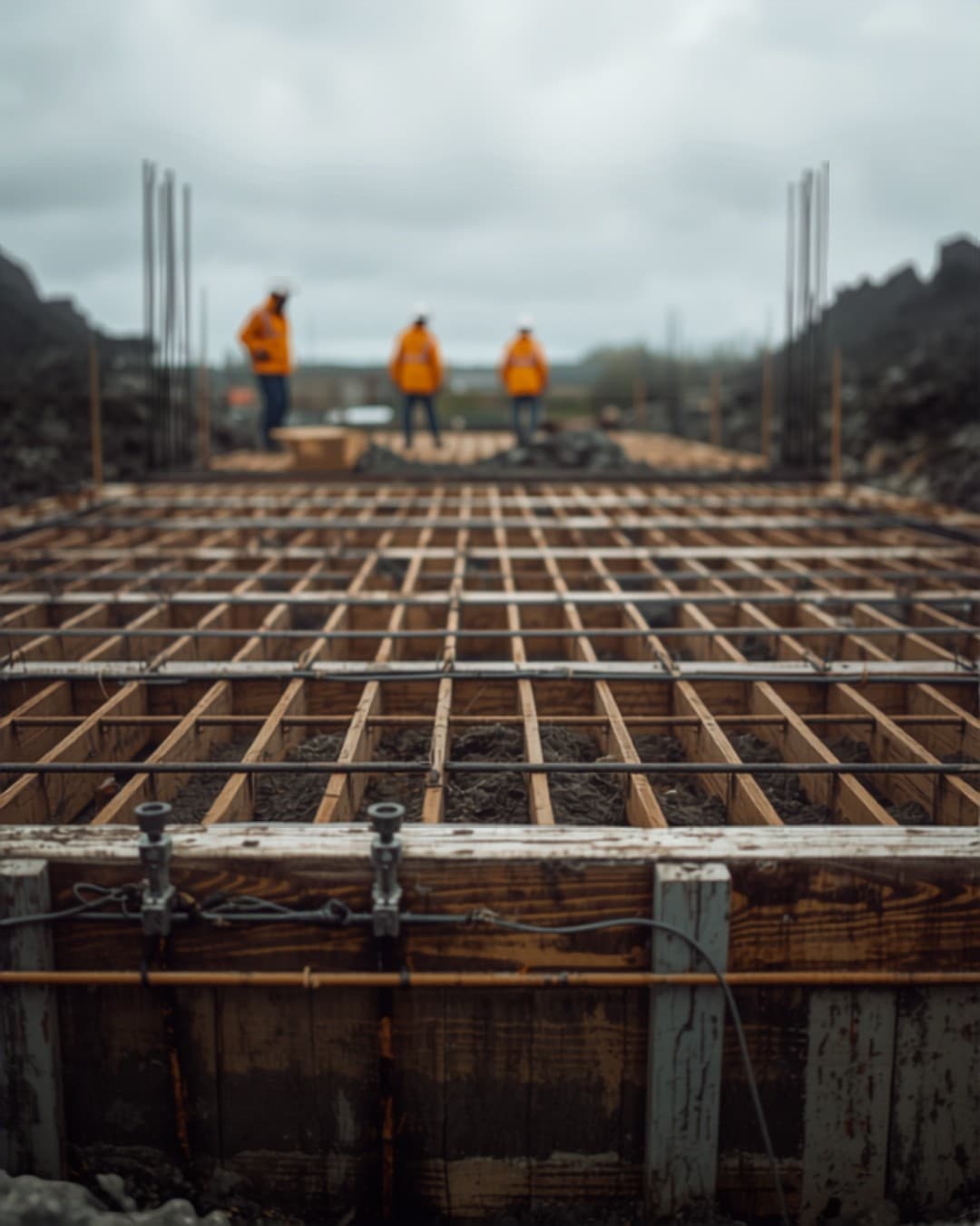 Forskaling og armeringsjern til fundament på byggeplass